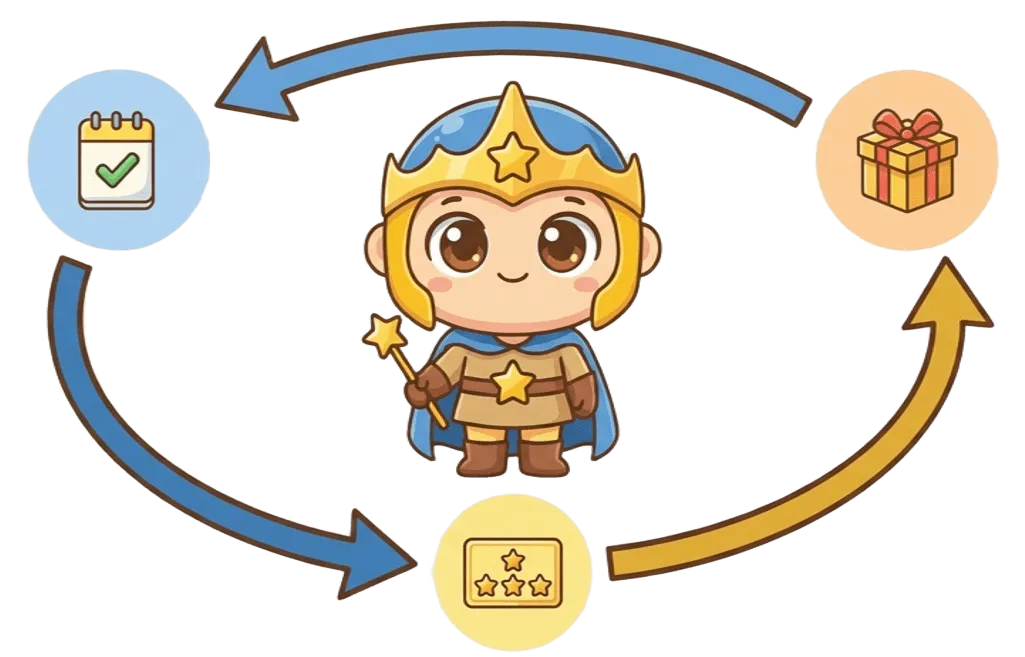 活動 → 習慣 → ごほうび の循環図 — D3 勇者キャラクターを中心に 3 要素が円環で結ばれる