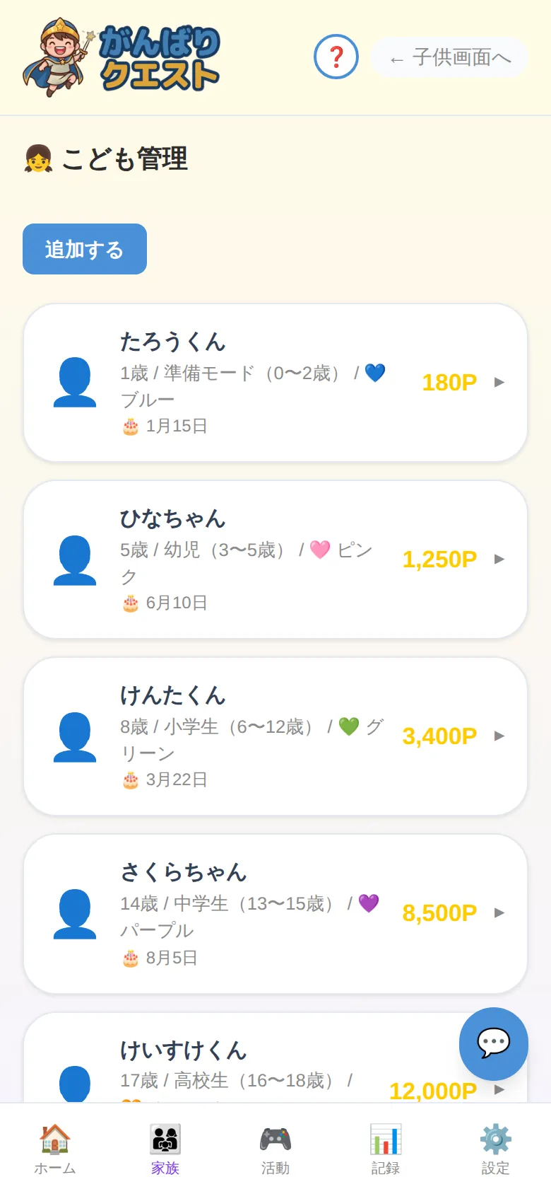 お子さま管理タブ — 家族メンバーの登録と切替